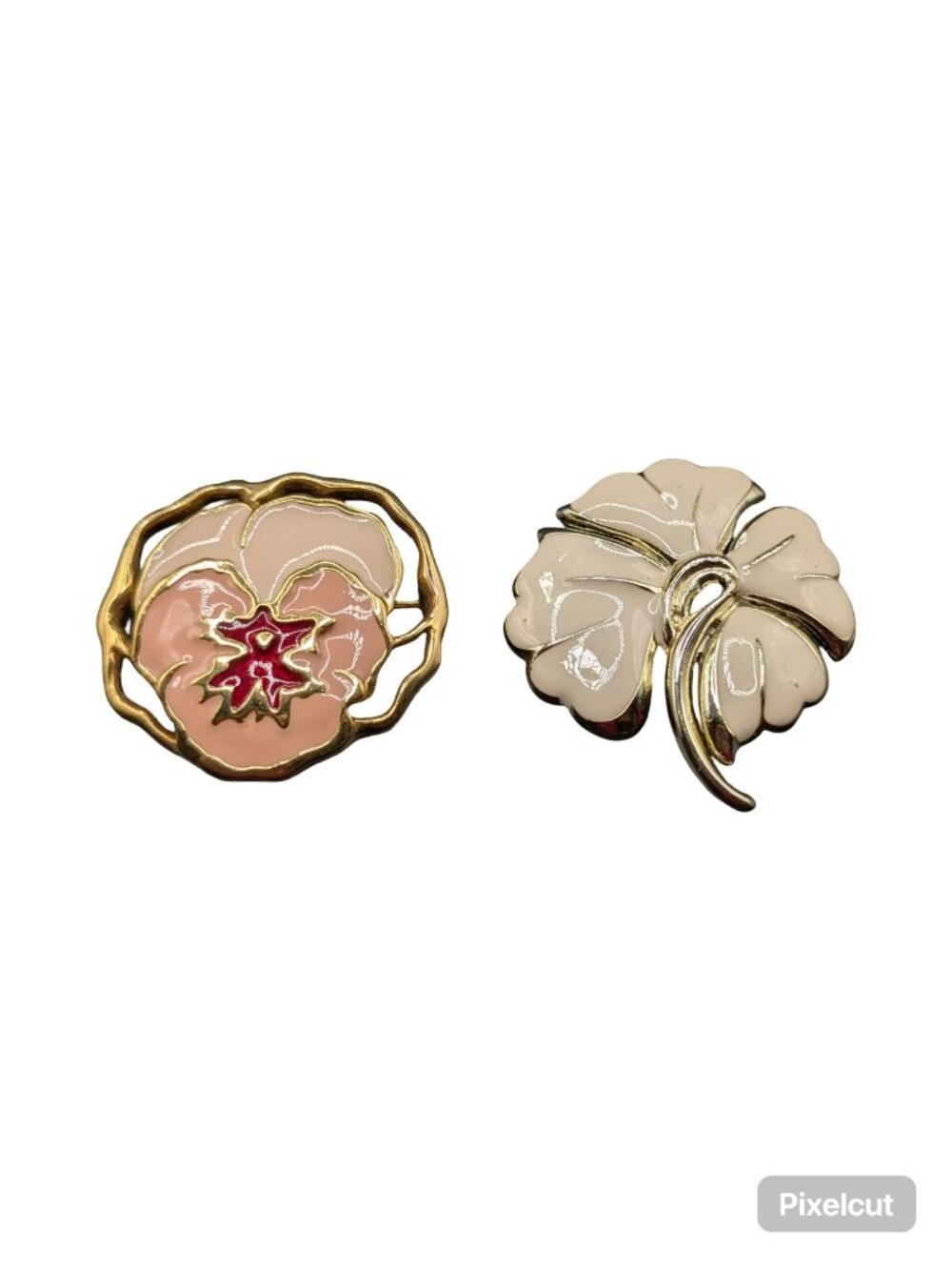 Set of 2 Flower Enamel Pins/Brooches Pink White Gold-tone Feminine Spring Summer